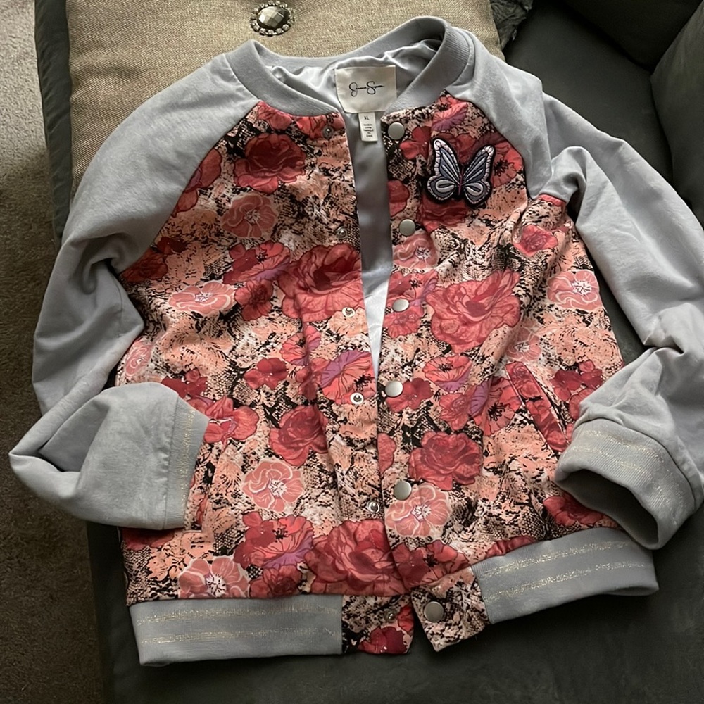 Jessica Simpson gray & orange floral snake skin printed kids jacket size XL